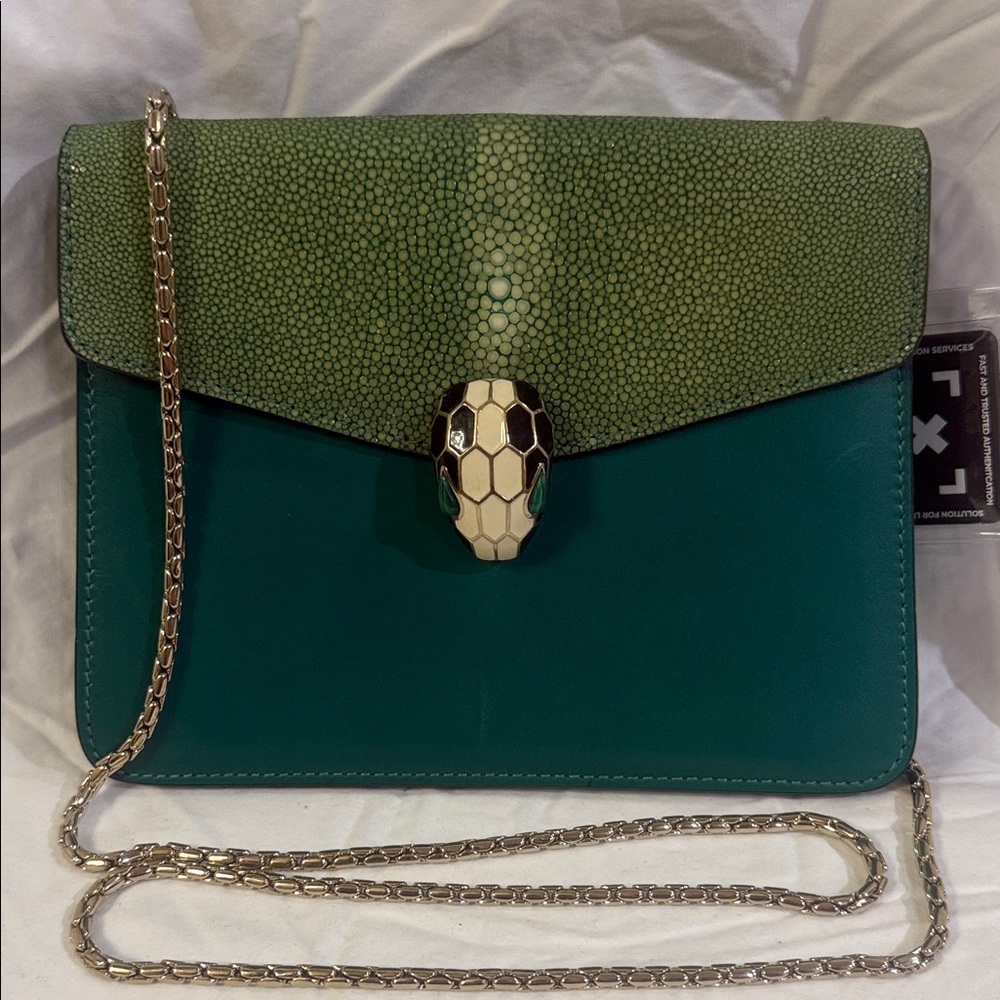 Rare Bulgari Green Serpenti Stingray and Leather Crossbody Bag with Snake Clasp